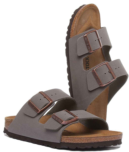 Birkenstock Arizona sandalen met dubbele riem in steen Birko Flor op kurk voor dames