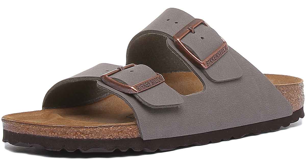 Birkenstock Arizona sandalen met dubbele riem in steen Birko Flor op kurk voor dames