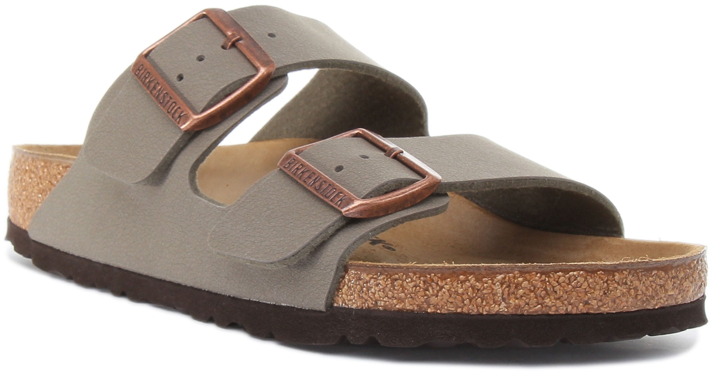 Birkenstock Arizona Birko Flor sandalen met dubbele band in steen