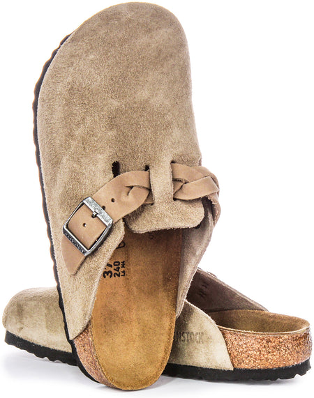 Sandales élégantes Birkenstock Boston Braided Elegant Pin en cuir suédé taupe