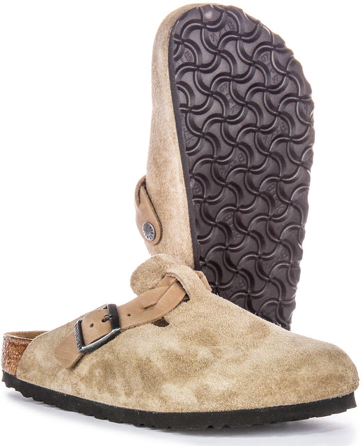 Birkenstock Boston Braided Elegant Pin Sandales Élégantes en Cuir Suédé Taupe