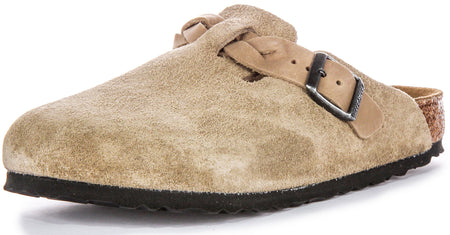 Sandales élégantes Birkenstock Boston Braided Elegant Pin en cuir suédé taupe