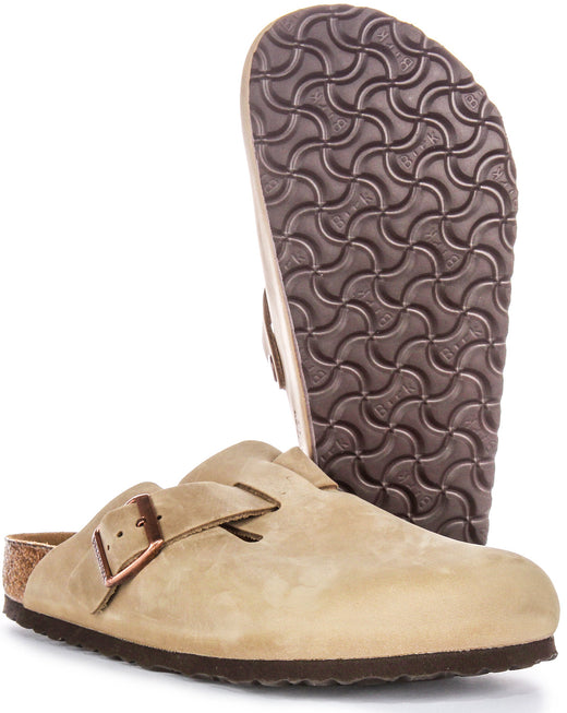 Birkenstock Boston BS Sabot à Grande Boucle Élégante en Cuir Huilé en Tabac